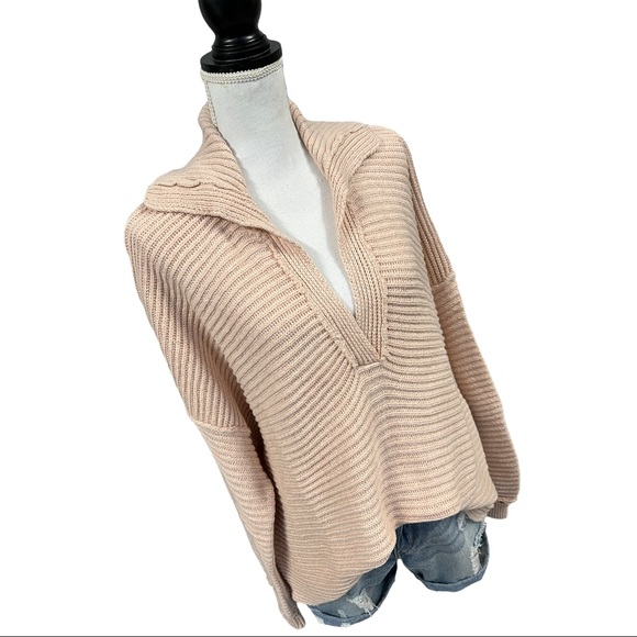 Free People Long Sleeve Collar Sweater Marlie Pullover Ribbed Dusty Pink L 0122 - Picture 7 of 11